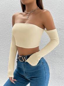 SHEIN PETITE Solid Off Shoulder Crop Off Shoulder Top - Apricot - View 4
