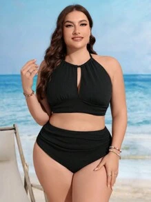Swim Lushoire Ensemble bikini grande taille à encolure ras-du-cou couleur unie pour femme avec bas séparés pour plage d'été