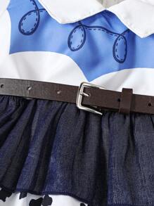 SHEIN 4pcs Western Cowboy Style Outfit Including Short Sleeve T-Shirt, Cow Skirt Dress, Denim Hat And Belt - Blue - View 7