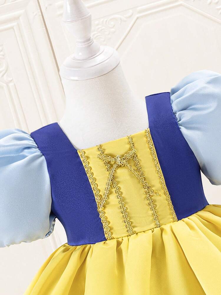 Baby Girl Cute Princess Dress Colorblock Puff Sleeve Square-Neck Overall Dress