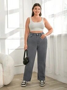SHEIN Cottnline Fashionable Loose Solid Color Jeans For Plus Size Women - Grey - View 6