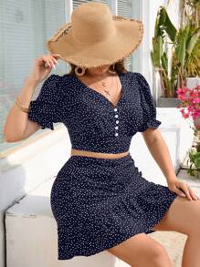 Dreamara Conjunto de dos piezas de talla grande con top de lunares y mangas abullonadas y falda con dobladillo con volantes - azul real - Ver 5