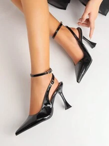 Fall/Winter Women's Fashionable Red High Heels Pointed Toe Shoes With Metal Buckle And Back Strap, Elegant, Party,Stiletto Heels - Black - View 7