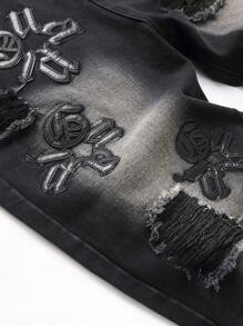 Men's Fashionable Slim Fit Jeans With Letter Embroidery, Distressed And Patched Design - Black - View 5