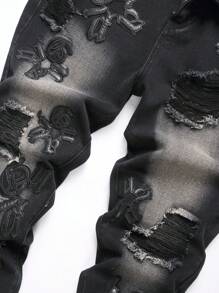 Men's Fashionable Slim Fit Jeans With Letter Embroidery, Distressed And Patched Design - Black - View 7