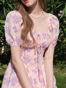 Elegant Floral All-Over Print Puff Sleeve Cinch Waist Summer Dress - Purple - View 3