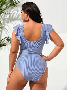 Swim Lushoire Plus Size Striped And Printed V-Neck One-Piece Swimsuit With Twist Knot, Ruffles, And Pleats Summer