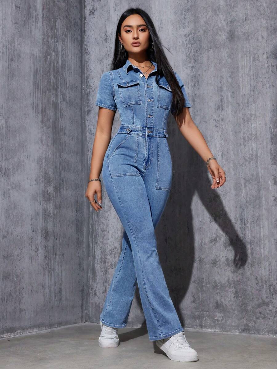 SHEIN EZwear Women's Fashionable Short Sleeve Denim Jumpsuit - Medium Wash - View 1