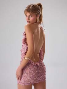 MUSERA 纹理花卉吊带迷你连衣裙，优雅，夏季，可爱，适合婚礼宾客和复活节 - 粉色 - 查看 2