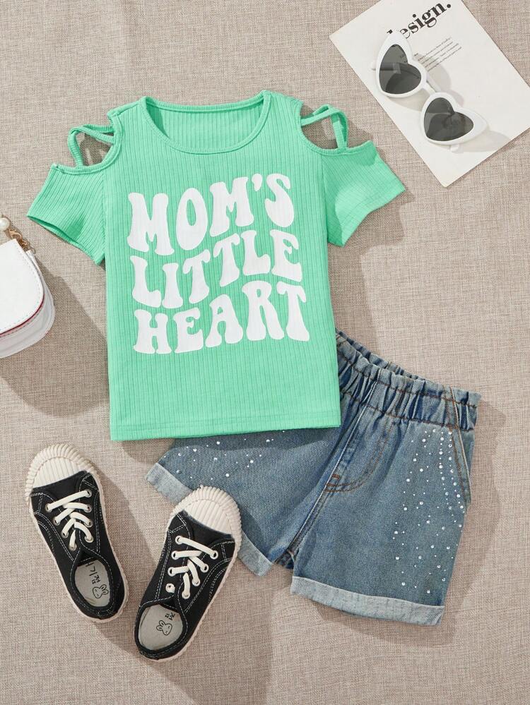 Young Girl 2pcs Set, Letter Printed Knitted Top With Hollow Sleeves And Frayed Denim Shorts