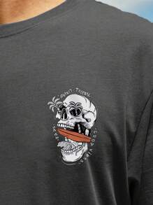 Men's Letter & Skull Graphic Round Neck Short Sleeve Casual T-Shirt, Summer, For Halloween