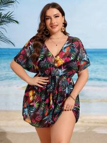 Swim Lushoire Damen Große Größen Fashion V-Ausschnitt bedrucktes Strand Cover-Up Shirt für Sommerurlaub - Verschiedenfarbig - Übersicht 3