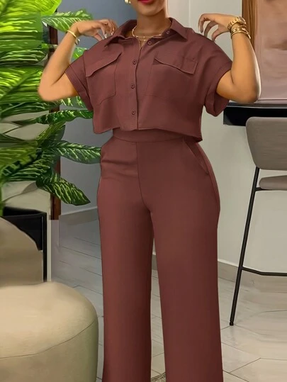 2pcs Summer Casual Solid Color Utility Cropped Shirt And Pants Set,Ladies Casual Button,Pocket Short Sleeve Regular Fit Brown Batwing Sleeve Blouse Pants Women Two-Piece Outfits,Spring/Summer,Casual Daily Wear