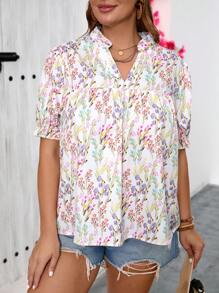 SHEIN VCAY 大尺碼度假白底浪漫花卉印花深V領女士夏季襯衫 - 彩色 - 查看 5