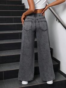 Rivivi 女士毛边斜插口袋休闲阔腿牛仔裤 - 黑色 - 查看 2