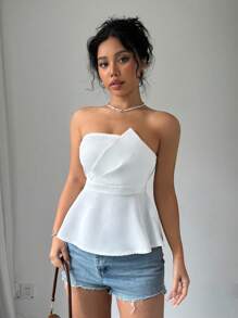Selianne Women Solid Color Ruffle Hem Sleeveless Tube Top For Summer - White - View 6