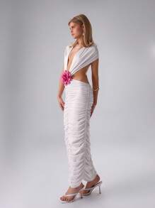 MUSERA Vestido largo floral fruncido y escurridizo, vestido largo elegante de verano sexy y lindo para graduación y baile de promoción - Blanco - Ver 4