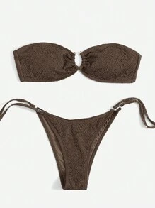 SHEIN Swim 女性度假無肩帶比基尼套裝，帶有環形連接件，純色，性感兩件式泳衣，夏日海灘泳裝 - 咖啡棕 - 查看 1