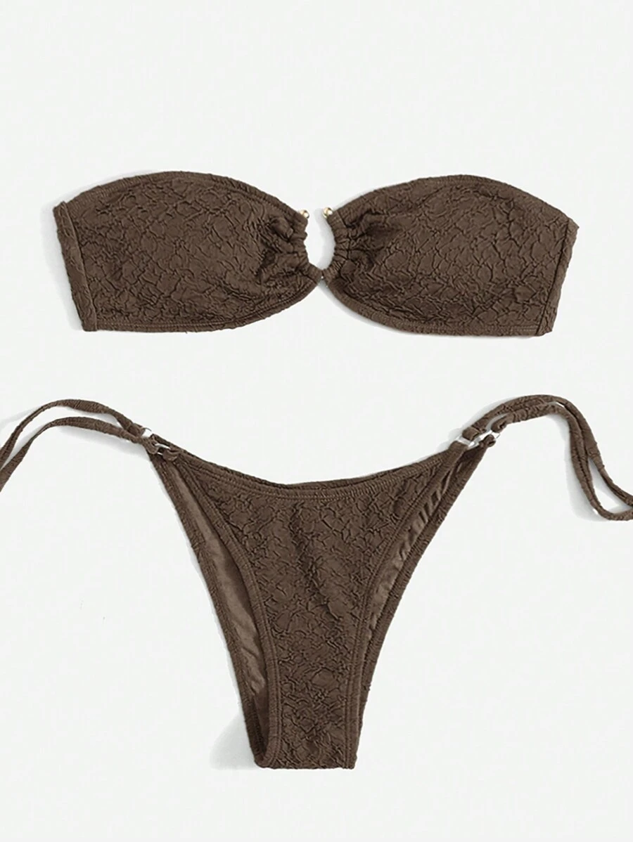 SHEIN Swim 女性度假無肩帶比基尼套裝,帶有環形連接件,純色,性感兩件式泳衣,夏日海灘泳裝 - 咖啡棕 - 查看 1