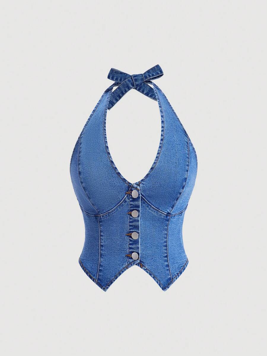 SHEIN MOD Áo denim viền bất đối xứng dành cho nữ có một cúc - Rửa trung bình - Xem 1