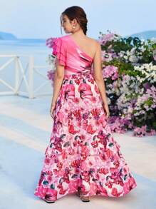 SHEIN Cô Gái Tuổi Teen Mùa Hè Thắt Nơ In Hình Một Vai Xù Lông Tay Ngắn Và In Hoa Váy Dài Kỳ Nghỉ Bộ 2 Chiếc - Nhiều màu - Xem 7