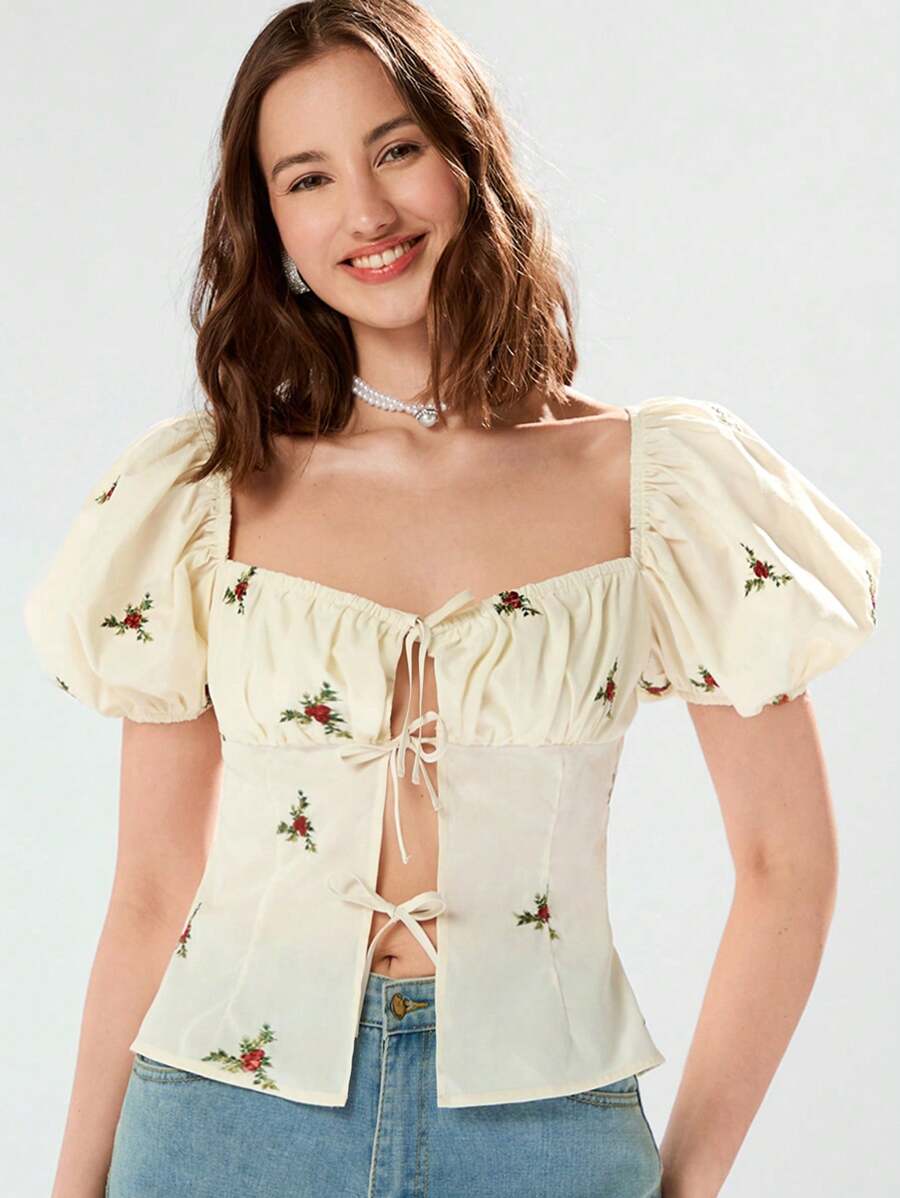Enchnt 女式夏季花卉印花愛心領短泡泡袖上衣，前綁帶 - 杏色 - 查看 1