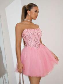 SHEIN BAE 夏季粉色純色甜美浪漫連衣裙，適合海灘度假、約會、婚禮、畢業典禮，設有性感無肩帶設計，蕾絲修飾和蓬松裙擺，適合女性 - 藕粉色 - 查看 4