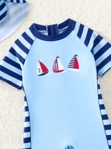 SHEIN Baby Boy Summer Beach Color Block Striped Splice Sailboat Printed One-Piece Swimsuit - Blue - View 4