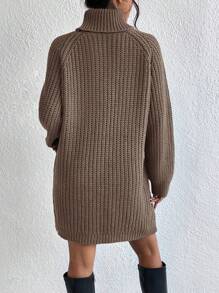 EURMUSE Women's Solid Color High Neck Raglan Sleeve Loose Casual Knit Sweater Dress, Autumn/Winter - Brown - View 2