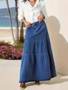 Damska spódnica jeansowa z falbanką, w kształcie litery A - Średni jeans - Zobacz 4