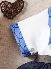 SHEIN 4pcs Western Cowboy Style Outfit Including Short Sleeve T-Shirt, Cow Skirt Dress, Denim Hat And Belt - Blue - View 6