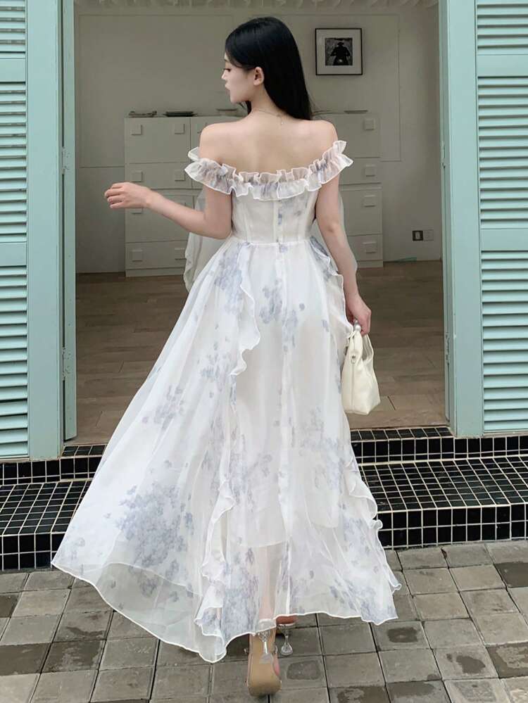 Ladies' Chiffon Floral Print Off Shoulder Ruffle Hem Dress Summer Sundress Easter Dress