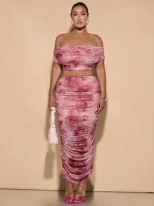 SHEIN BAE Retro Romantic All-Over Floral Print Two-Piece Set. Off Shoulder Strapless Pleated Mesh Top And Pleated Mid-Length Skirt. Elegant Women's Two-Piece Set Suitable For Dates, Vacations And Birthday Parties. - Pink - View 3