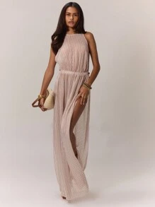 MUSERA Greek Goddess Costume Textured Stripe Maxi Dress, Summer Split Fashion Dress Elegant Spring Vacation Party - Yellow - View 4