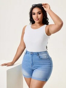 Flexra Plus High Waist Ripped Denim Shorts - Light Wash - View 5