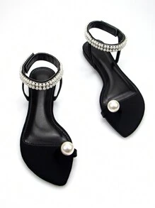 Dép xăng đan nữ thanh lịch, đính ngọc trai giả và đá pha lê, quai ngang mắt cá chân, chất liệu vải Lycra đen, hình trái tim, mũi nhọn, kiểu xỏ ngón, thích hợp đi hàng ngày, dự tiệc, lễ tình nhân, trang phục mùa hè. - màu đen - Xem 1