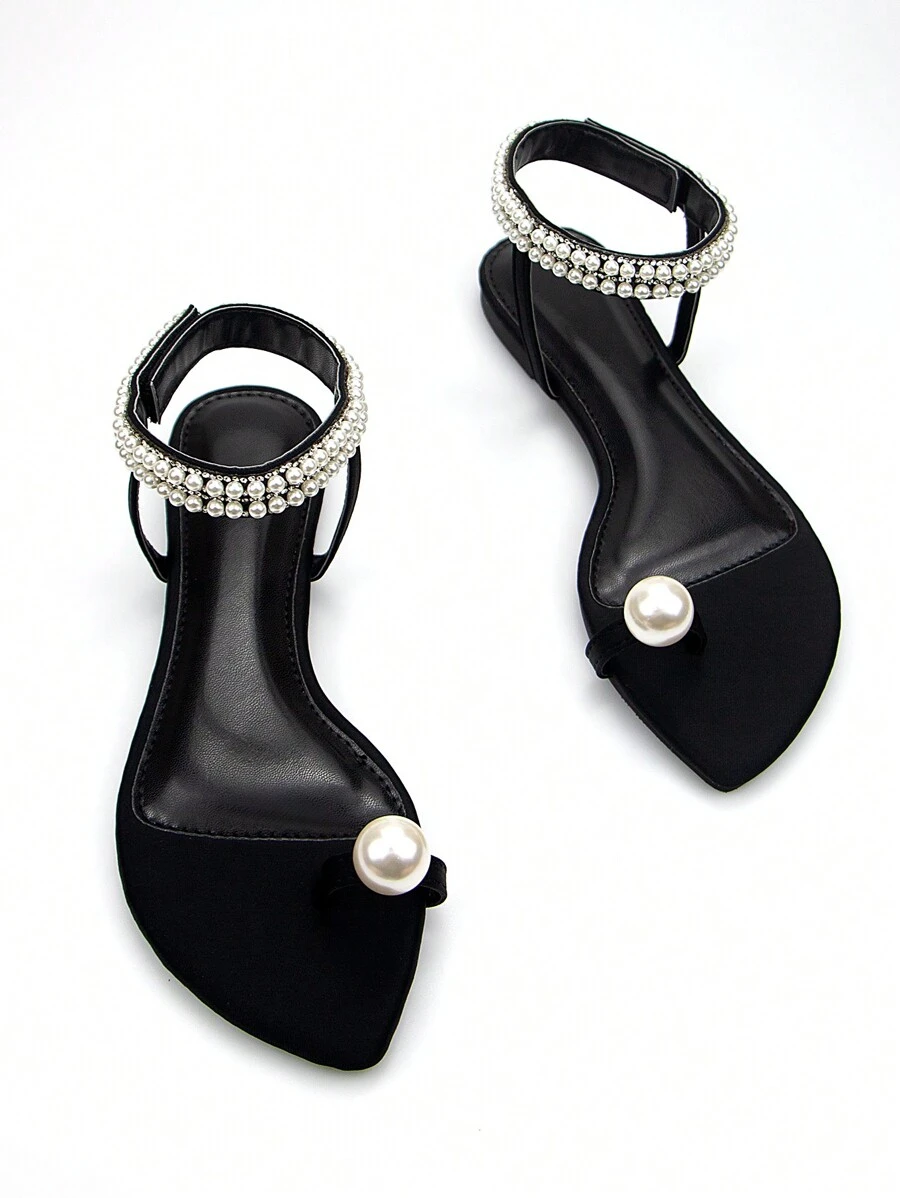 Dép xăng đan nữ thanh lịch, đính ngọc trai giả và đá pha lê, quai ngang mắt cá chân, chất liệu vải Lycra đen, hình trái tim, mũi nhọn, kiểu xỏ ngón, thích hợp đi hàng ngày, dự tiệc, lễ tình nhân, trang phục mùa hè. - màu đen - Xem 1