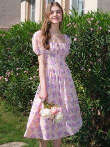 Elegant Floral All-Over Print Puff Sleeve Cinch Waist Summer Dress - Purple - View 1