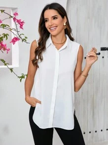 SHEIN Clasi 女士时尚夏季简约纯色宽松无袖翻领衬衫、无袖上衣 - 白色 - 查看 7