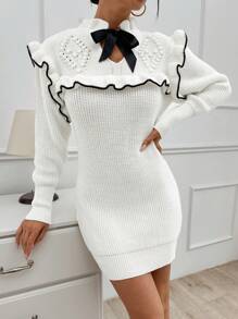 EURMUSE Women Frenchy Style Bow Detailed Knit Dress - Apricot - View 5