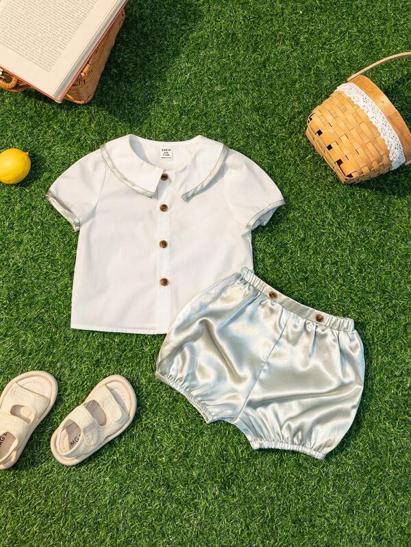 SHEIN Baby Boy Satin Splice Short Sleeve Peter Pan Collar Shirt Elastic Waist Shorts Suit,White,Summer,Casual,Vacation,Birthday Party Baptism Wedding Outfit