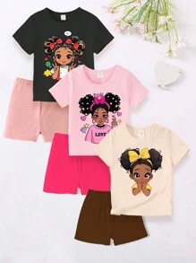 GraphicGems Ensemble de 3 pièces pour jeune fille, T-shirt à manches courtes avec imprimé de petite fille à papillon et cheveux bouclés mignonne et à la mode avec ensemble leggings