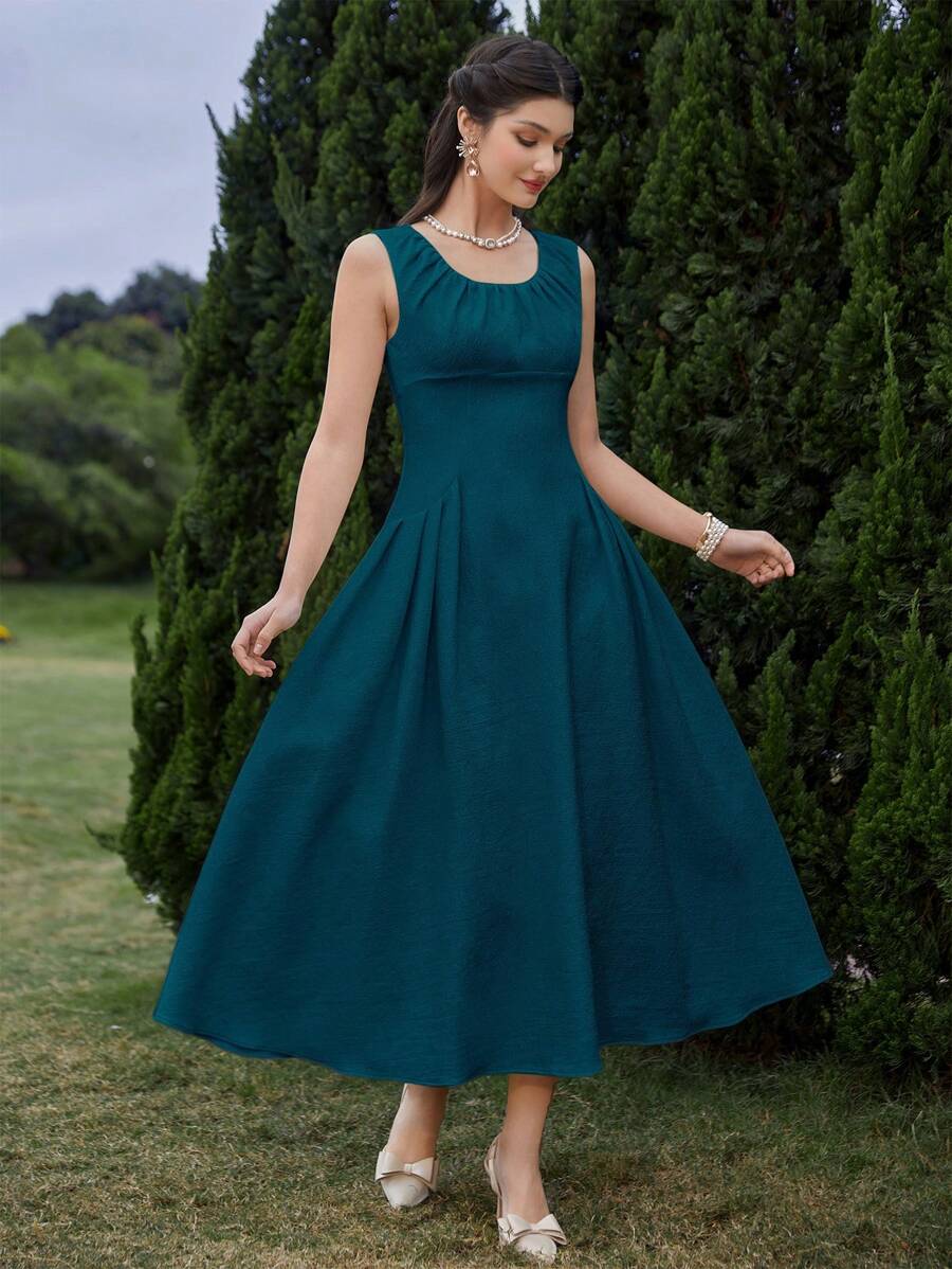 Modelyn Women's Summer Solid Color Sleeveless A-Line Midi Dress With Pleated Detail And Cinched Waist Long Evening Dresses - Teal Blue - View 1
