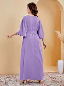 SHEIN Vestido casual de cuello cuadrado y encaje con remiendos tejidos para adolescente - Púrpura polvoriento - Ver 2