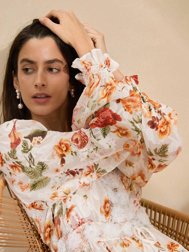 フルプリント ワンピース ディープvネック フロントタイ