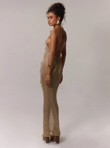 MUSERA 亮片贴花长款连衣裙，夏季露背透视性感连衣裙，优雅春夏度假长裙 - 金色 - 查看 2