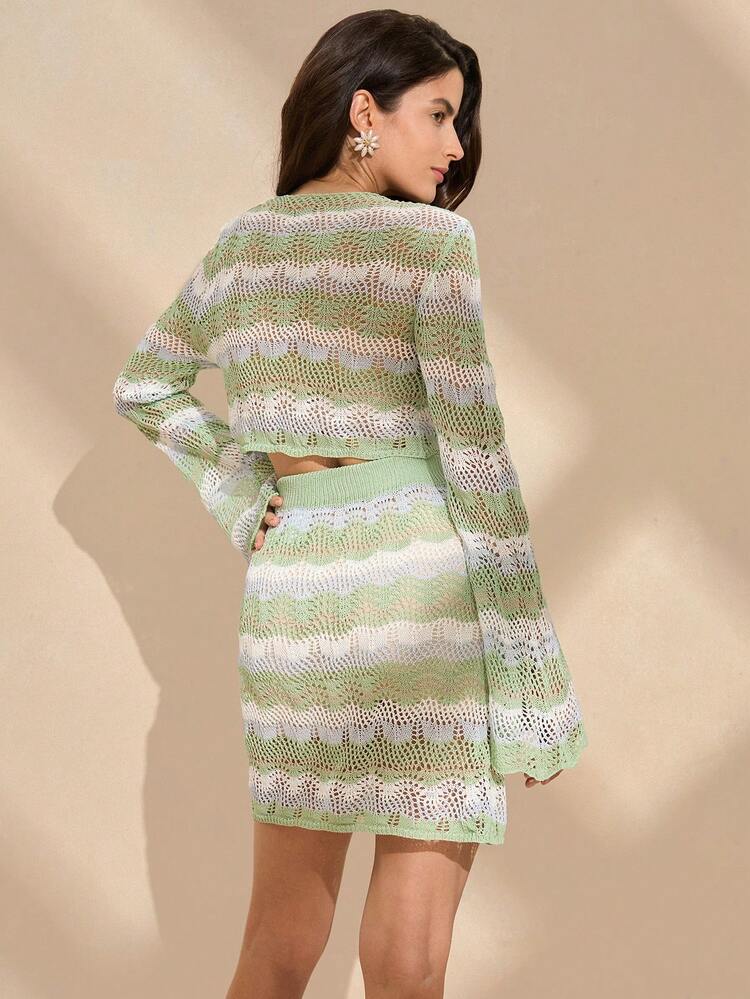 Women's Color-Block Hollow Out Tie-Front Long Sleeve Cropped Sweater And Knit Midi Skirt Casual Two-Piece Set For Vacation