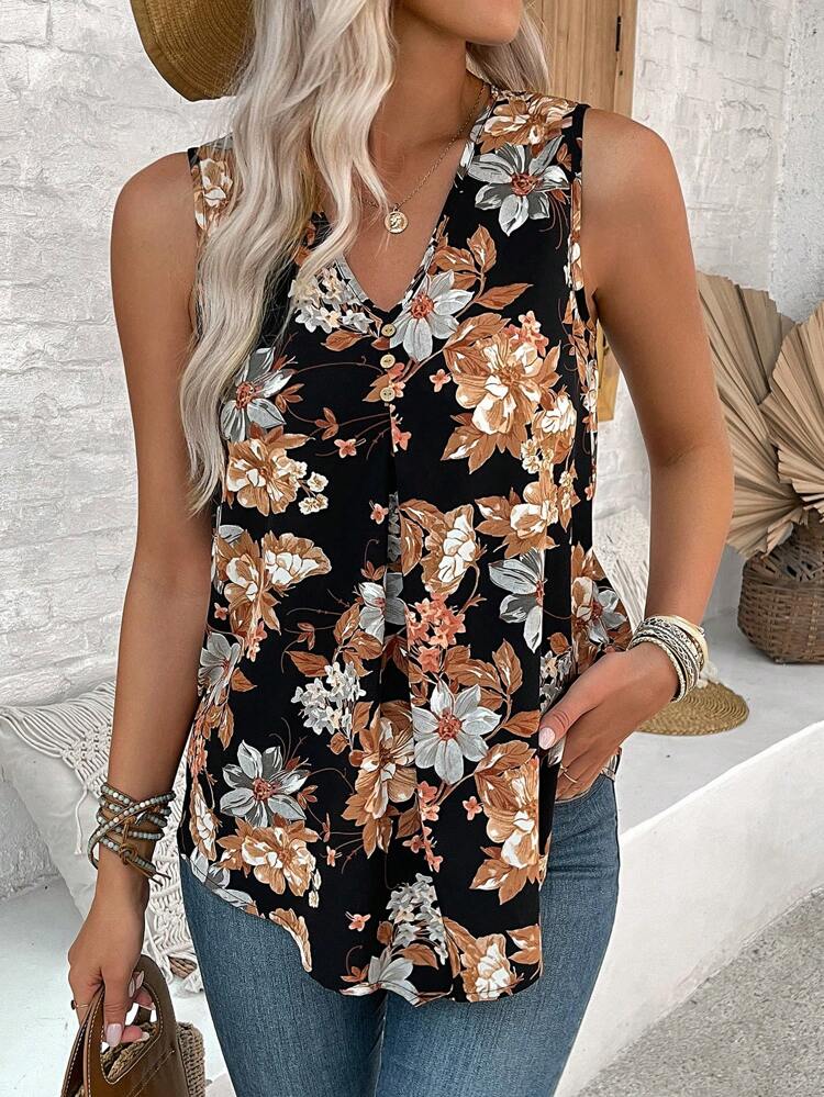 Blusa estiva senza maniche con stampa floreale a V collo per le donne