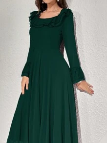 Modelyn 女式纯色长袖荷叶边 A 字裙 春夏季长款晚礼服 - 墨綠色 - 查看 6