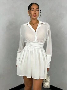 SHEIN BAE Vestido de línea A de cintura fruncida liso para mujer, adecuado para atuendo de trabajo en verano